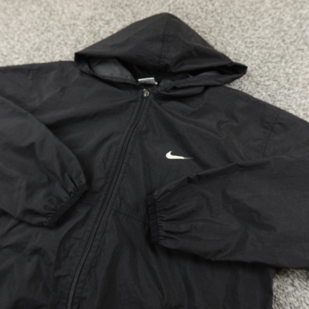 VTG Nike Jacket Womens‎ L Black Hooded Windbreaker Full Zip Coat Logo 90s Y2K